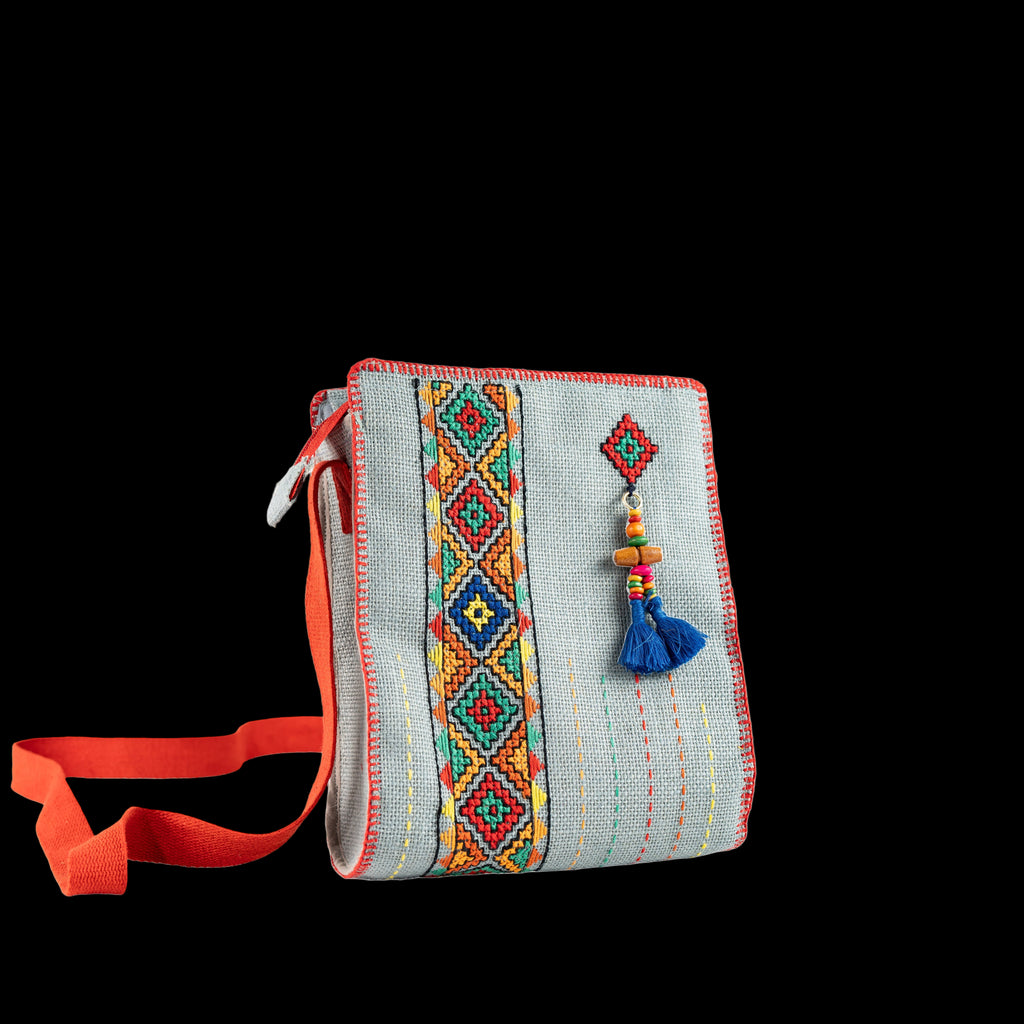 Jute Sling Bag With Tribal Hand Embroidery | Kamli Tribes | With Tassel | 19 cm x 23 cm