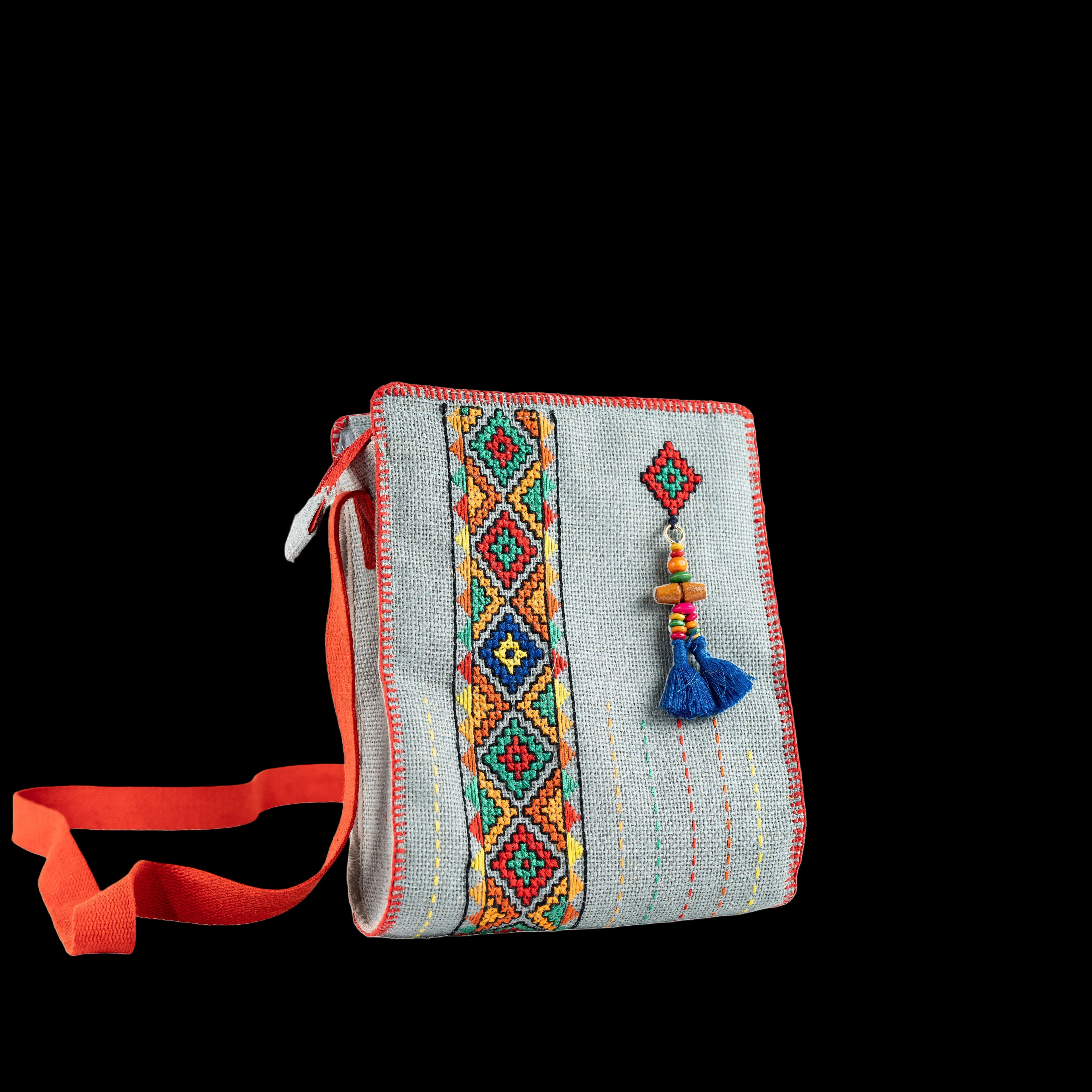 Jute Sling Bag With Tribal Hand Embroidery | Kamli Tribes | With Tassel | 19 cm x 23 cm
