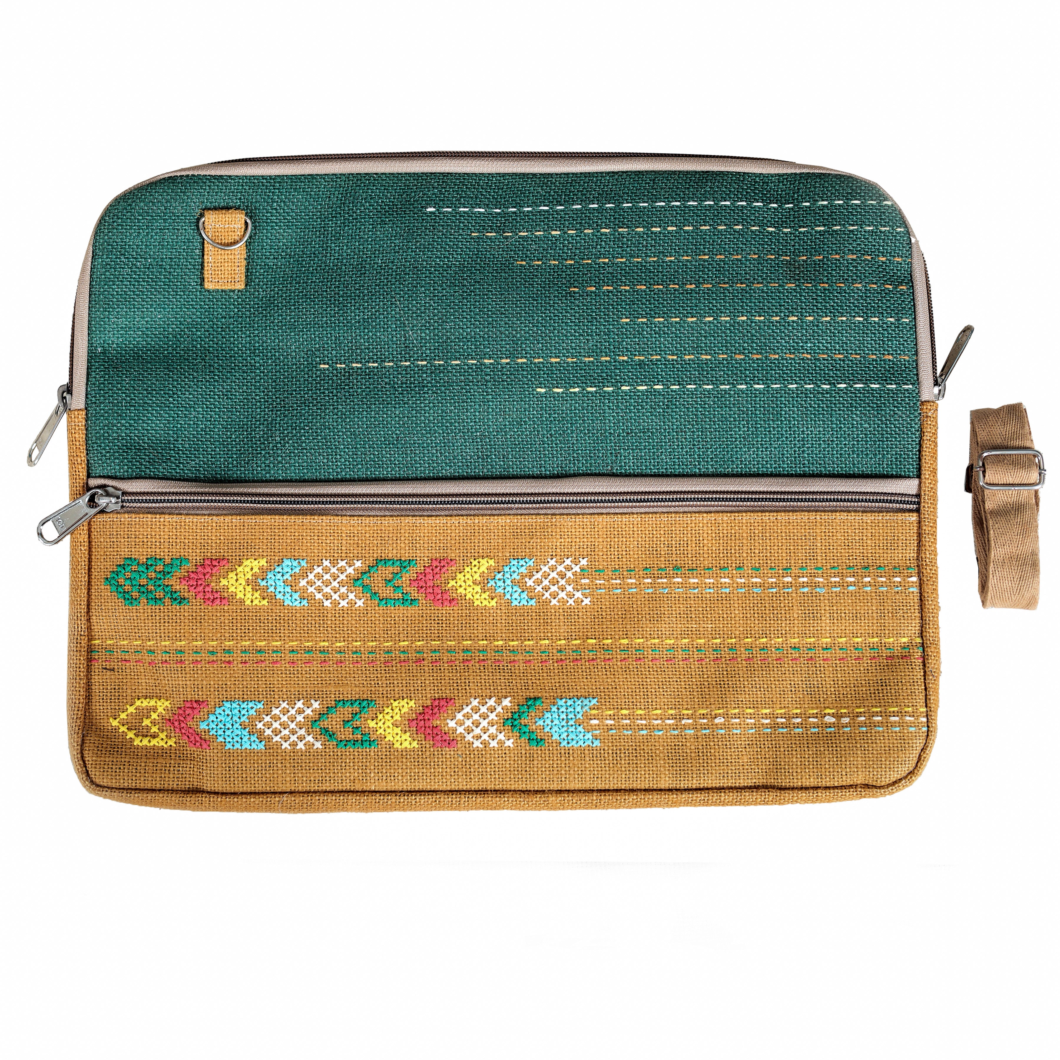 Jute 15" Laptop Sleeve with Hand Embroidery | Kamli Tribes | Green & Yellow | 35.5 cm x 25 cm x 1.5 cm
